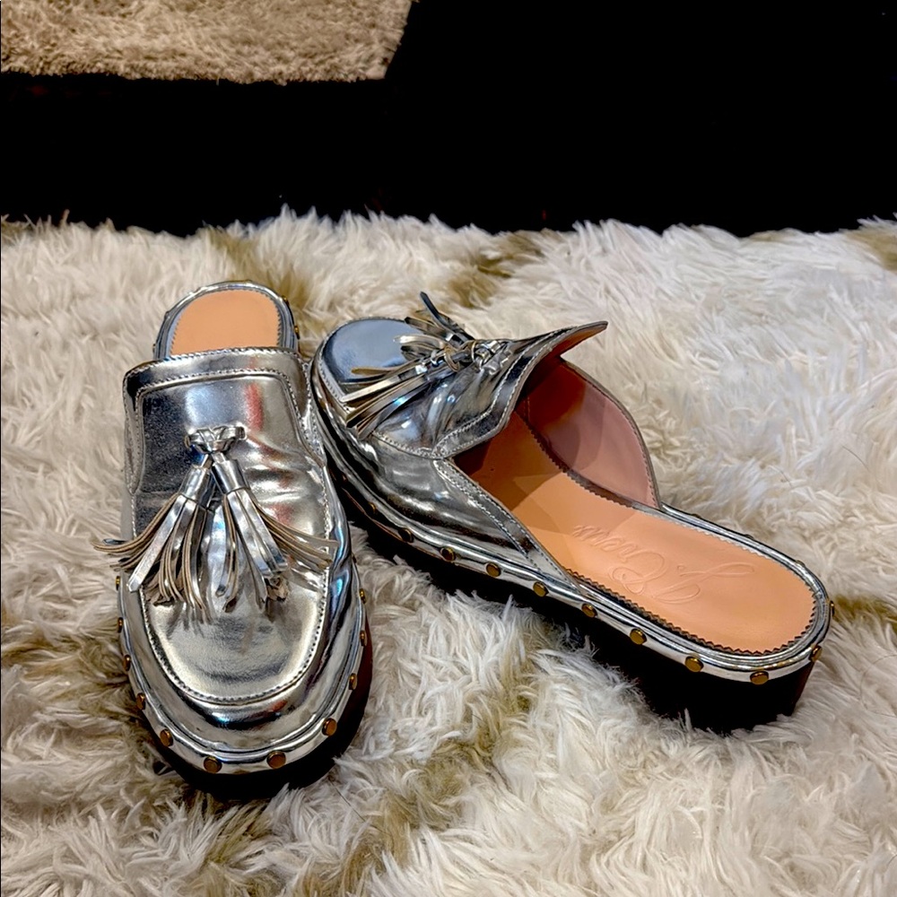 J crew Silver Tassel Clogs